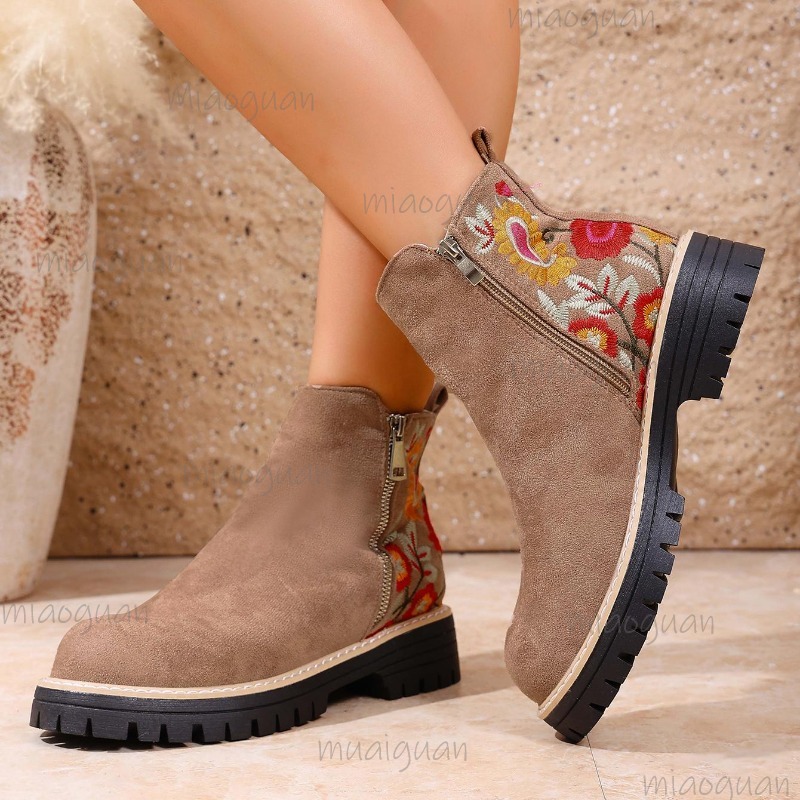 Sewing Embroidery Fabric - Flower Embroidery Suede Ankle Boots Women
