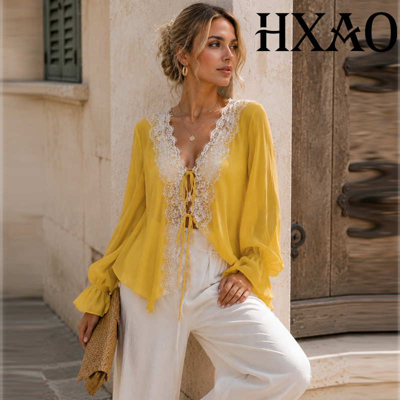 Sewing V - HXAO Ties Lace Up Women's Blouse